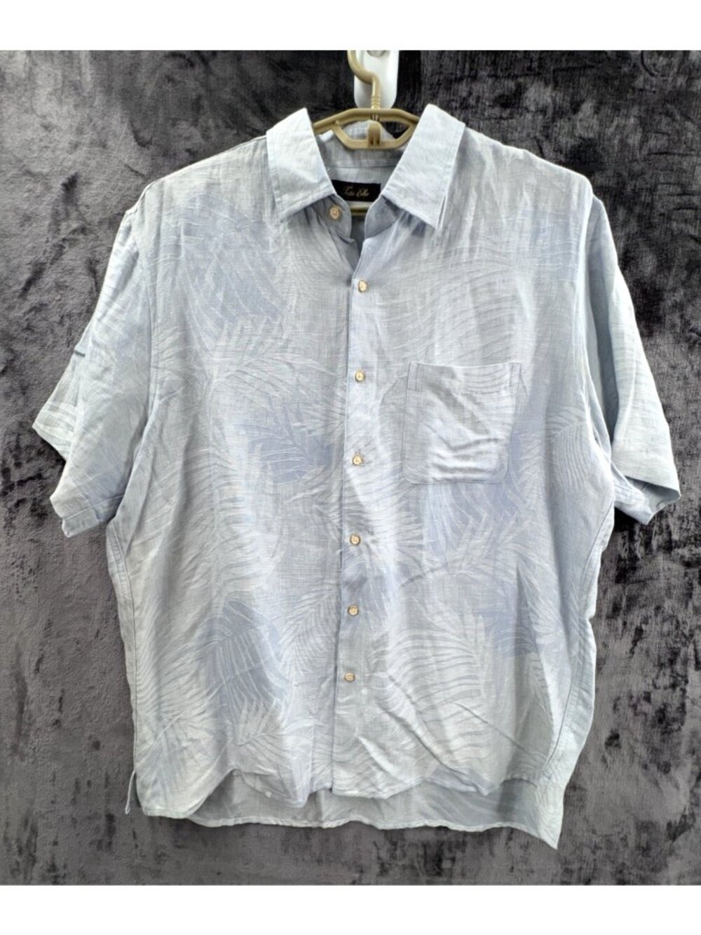 Tasso Elba Men's XL Blue Palm Leaf Jacquard Silk Linen Short Sleeve Shirt
